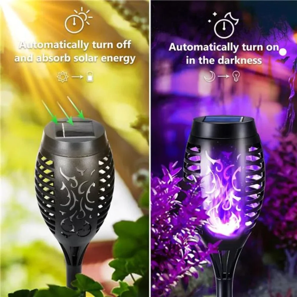 Purple Solar Halloween Lights, 12 Pack Solar Torch Lights with Flickering Flame